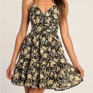 Bold Blossoms Black Floral Print Metallic Tiered Mini Dress - Size S, Never worn